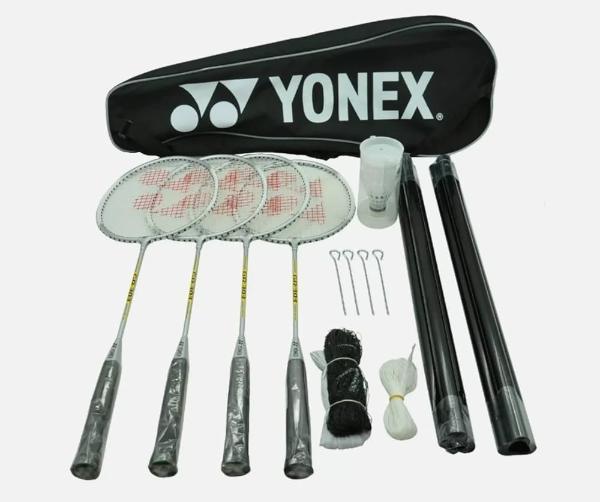 SET DE 4 RAQUETAS PLUMILLA MALLA Y POSTE BADMINTON